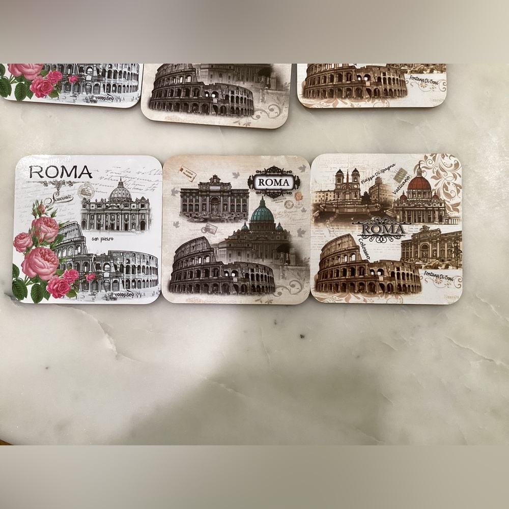 Set of 3 ROMA drink coasters with iconic pictures of Italy. Total of six